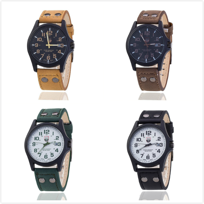 Soki Men's Military Calendar Aviator Leather Strap Watch