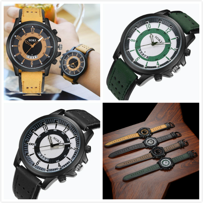 Soki Men's Military Style Calendar Aviator Leather Strap Watch v2