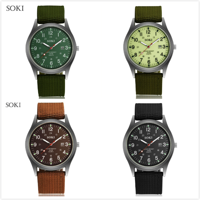 SOKI Men's Sport Outdoor Military Colored Canvas Strap Watch
