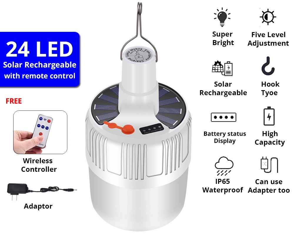Solar LED Outdoor Emergency Light Bulb Bright Waterproof IP65 Adapter Recharge