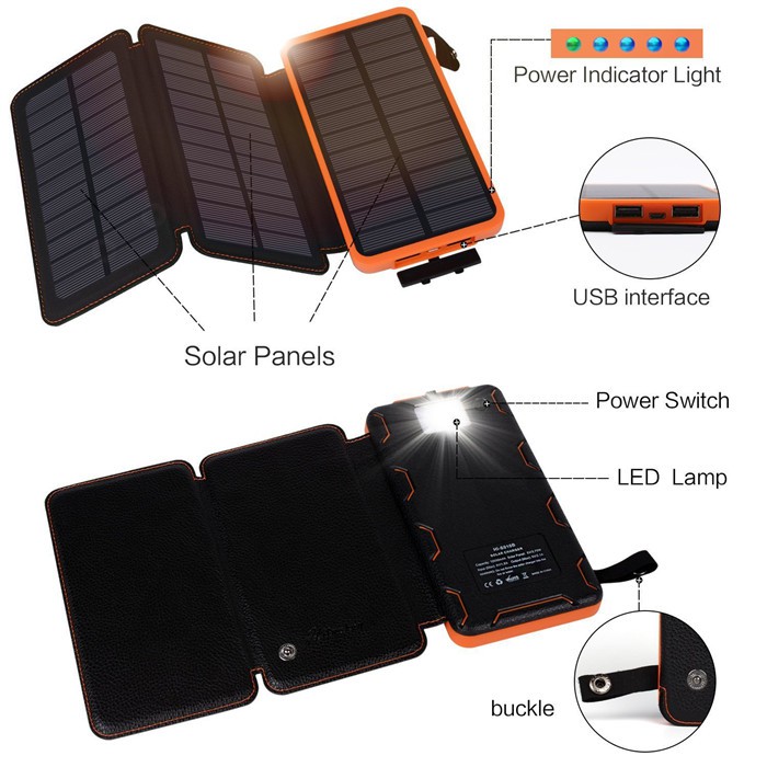 Solar Power Bank 10000mAh 4pcs Solar Panel Powerbank With Bright LED Light