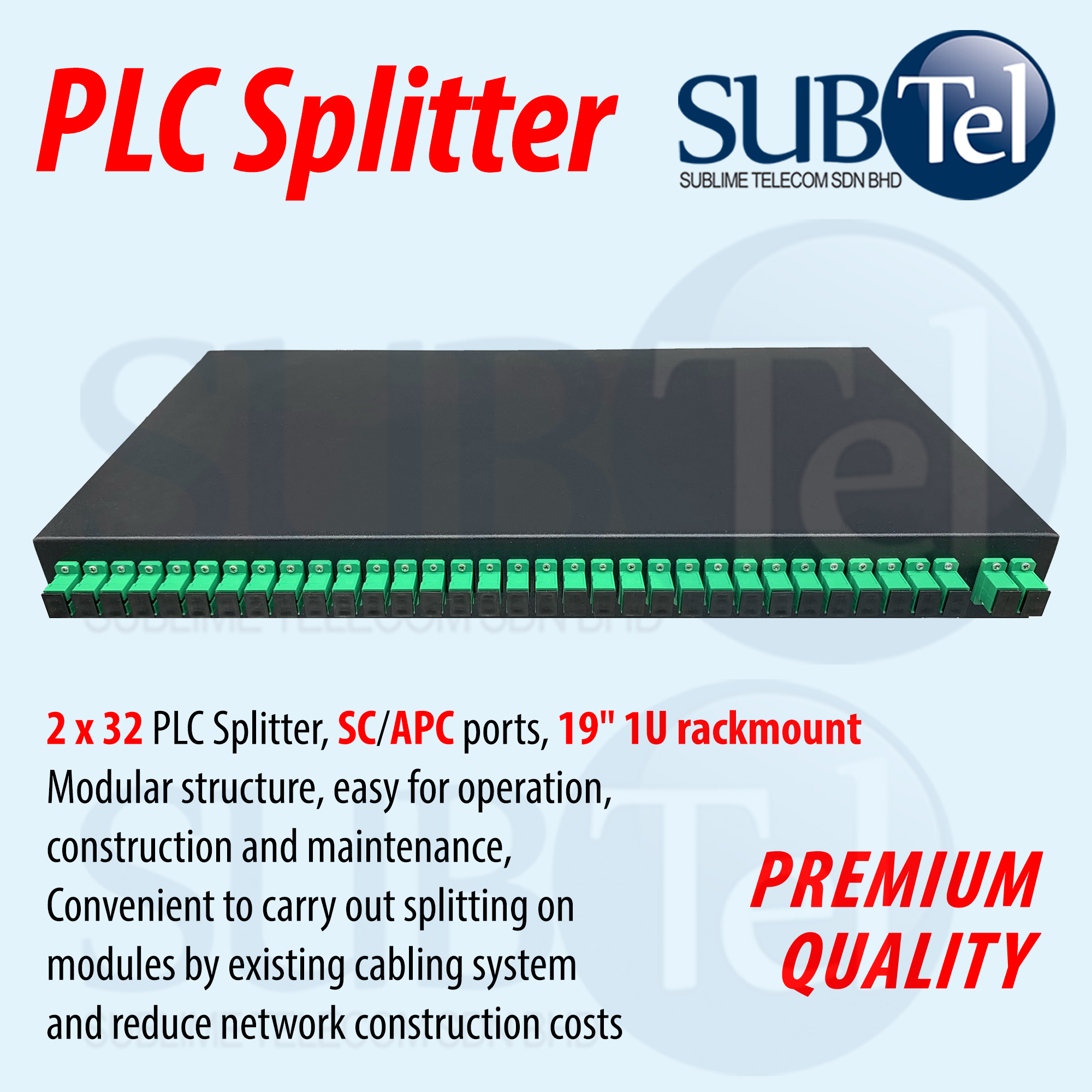 SUBTel PLC Splitter 2x32 or 2x64 SC/APC Fiber Optical FTTH 19 ' 1U 2U