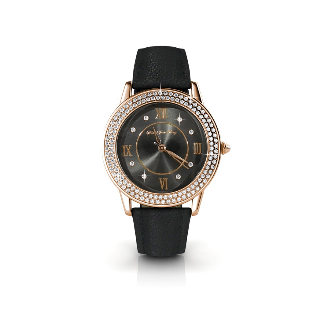 Swarovski Crystals Dawn Leather Watch (Black)