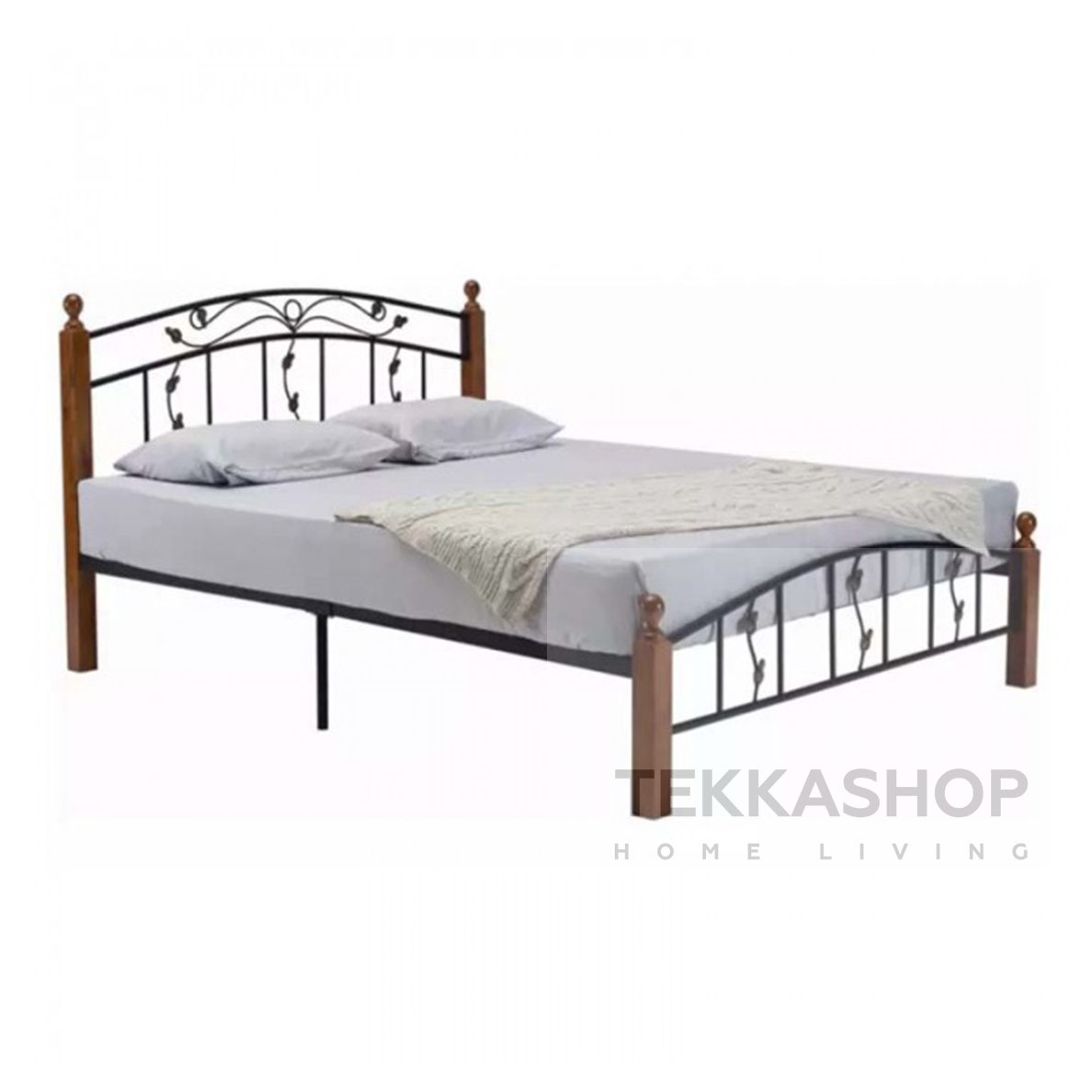 Tekka Gdqbd2536w Queen Size Bed Frame Metal And Oak Wood Pole