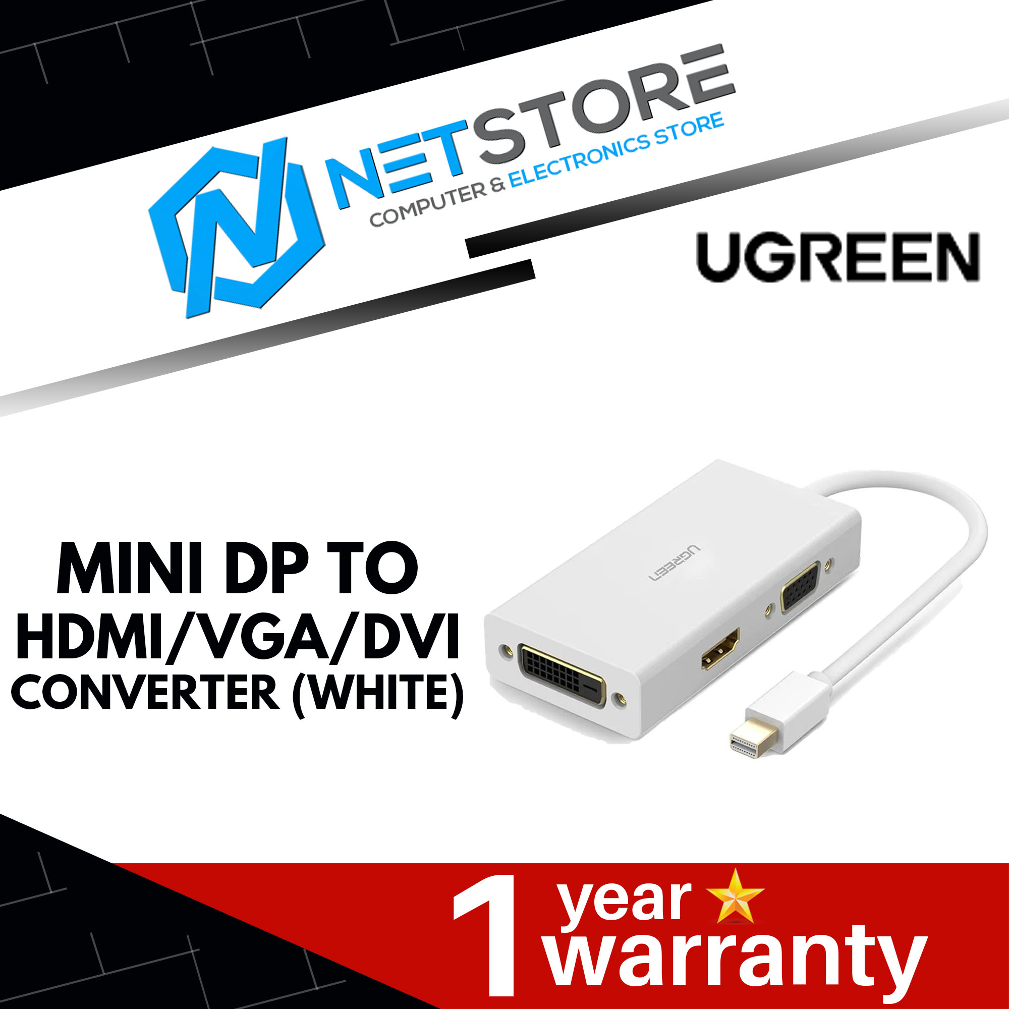 UGREEN MINI DP TO HDMI/VGA/DVI CONVERTER (WHITE) - UG-MD114-20417