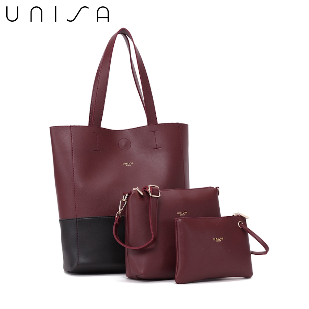 UNISA Colour Block Faux Leather Tote Bag Set Of 3