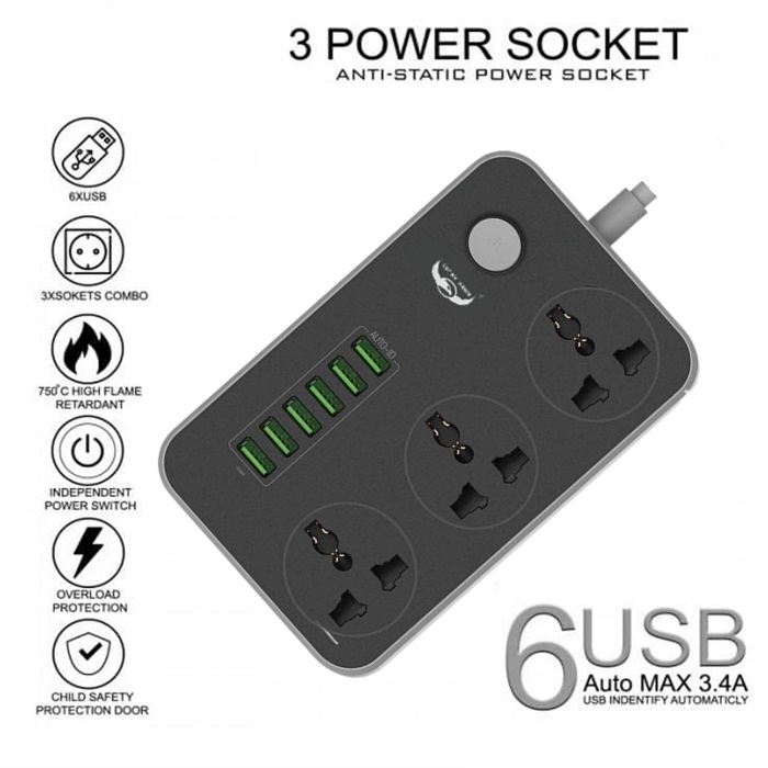 Universal Power Plug 6 USB Port Auto Max 3.4A With 3 Anti-Static Power Socket