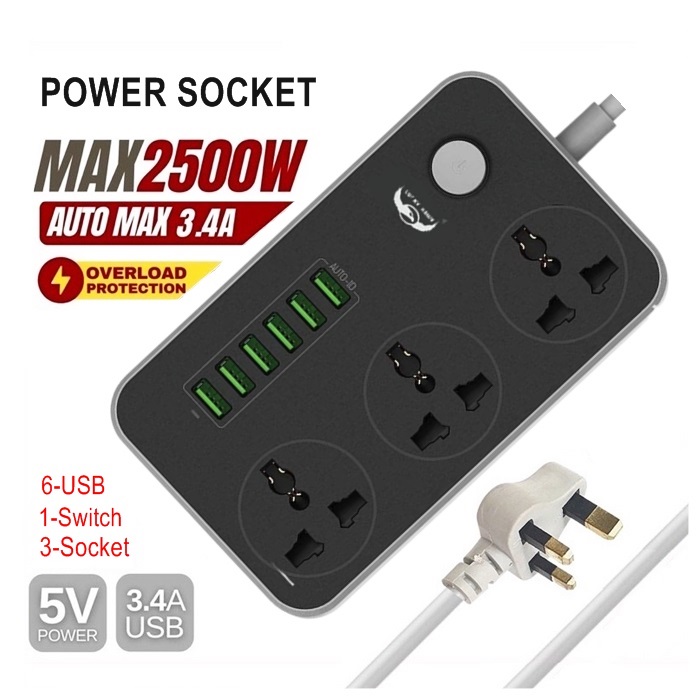 Universal Power Plug 6 USB Port Auto Max 3.4A With 3 Anti-Static