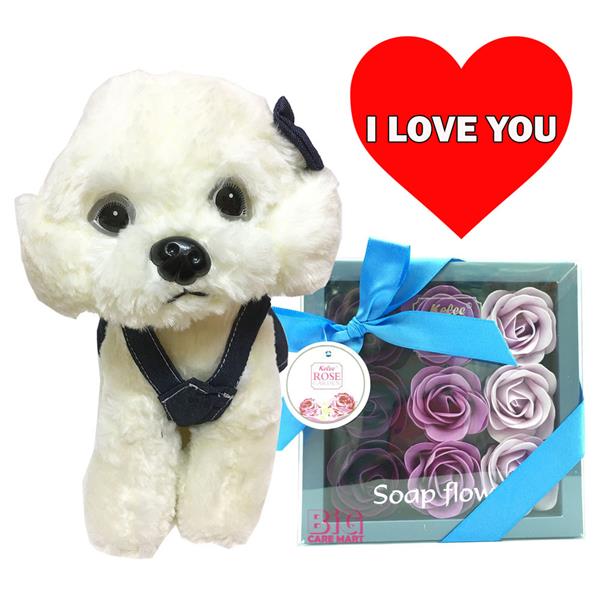 Valentine's Day Gift Rose Flower in Box + Toy Dog Poodle