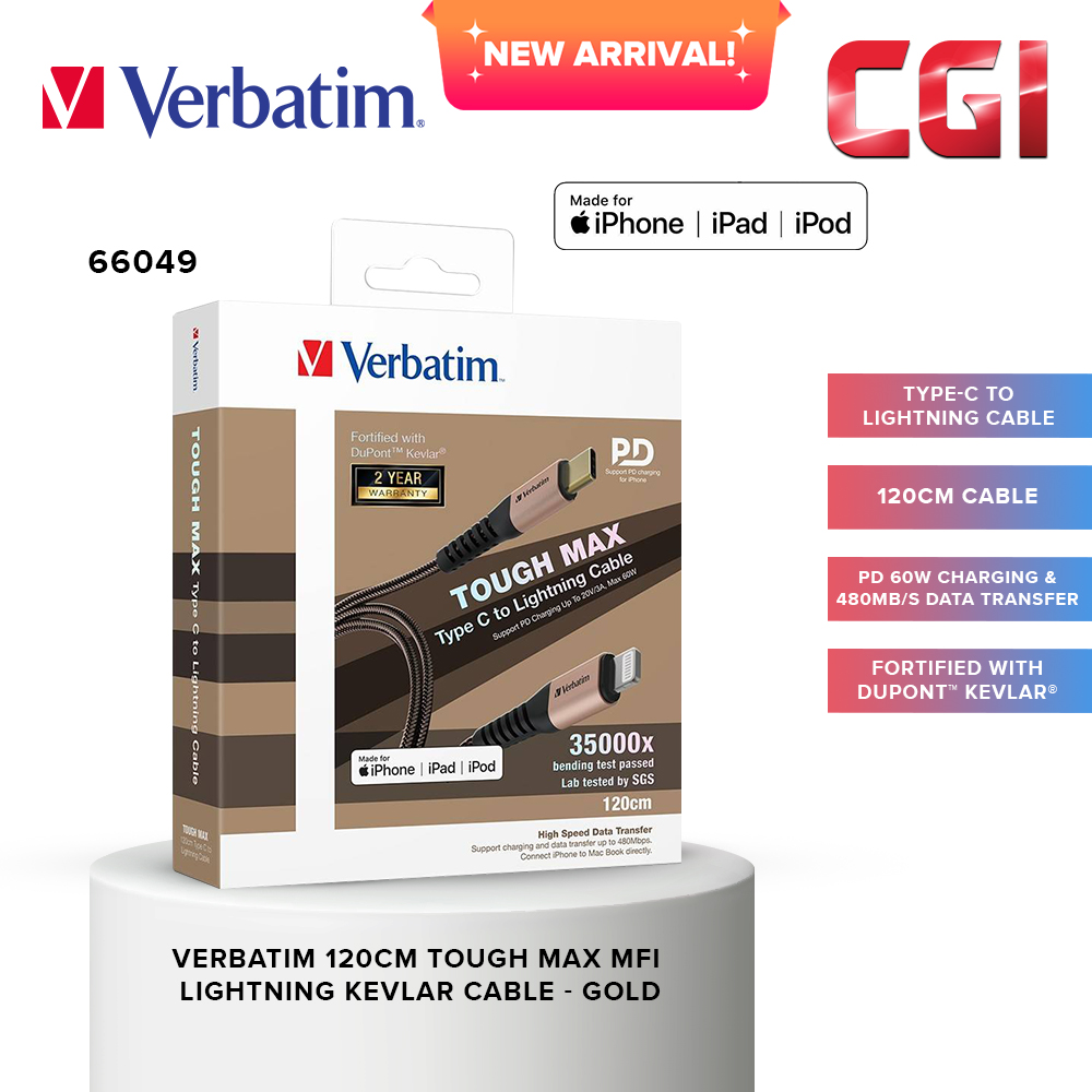 Verbatim 66049 120cm Tough Mac Type-C to Lighting Kevlar Cable - Gold
