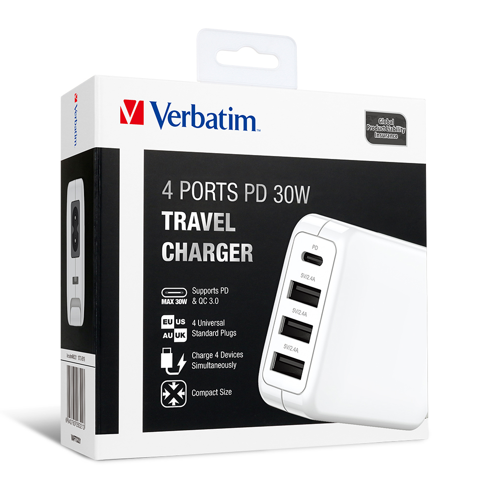 Verbatim 66321 4-Ports 30W PD &amp; 3 USB Travel Charger - White