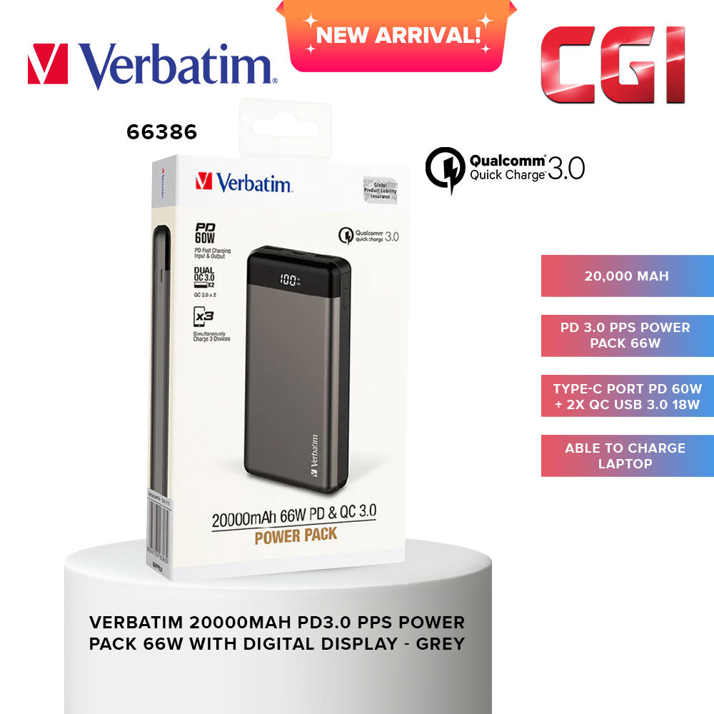 Verbatim 66386 20000mAh Power Pack 66W with digital display - Grey