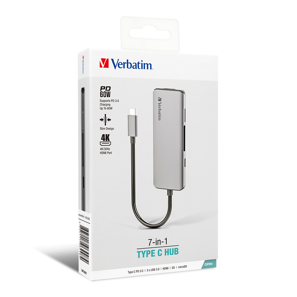 Verbatim 66448 7-in-1 USB, HDMI Hub 100W Charging - Grey