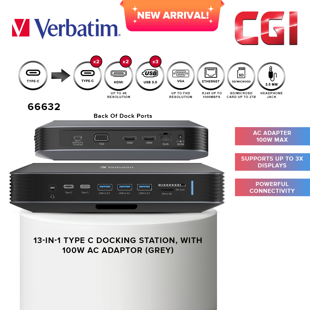 Verbatim 66632 13-in-1 Type C Docking Station 100W AC Adaptor - Grey
