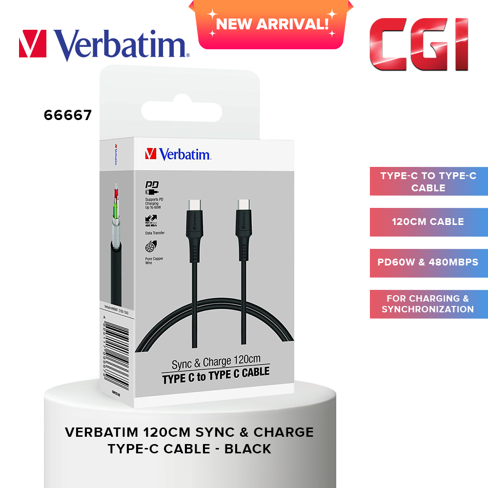 Verbatim 66667 120cm Sync &amp; Charge Type-C to Type-C PVC Cable- Black
