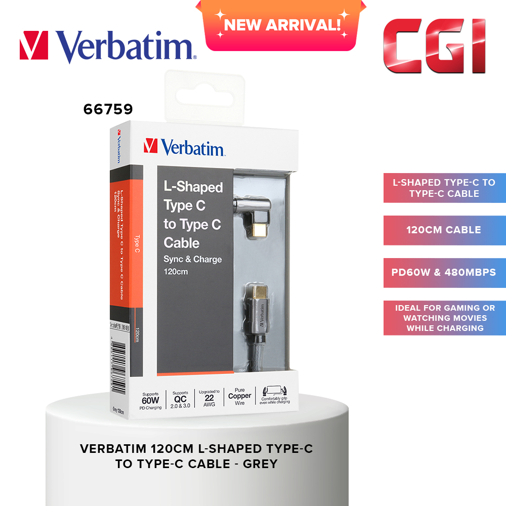 Verbatim 66759 120cm L-Shaped USB to Type-C Cable - Grey