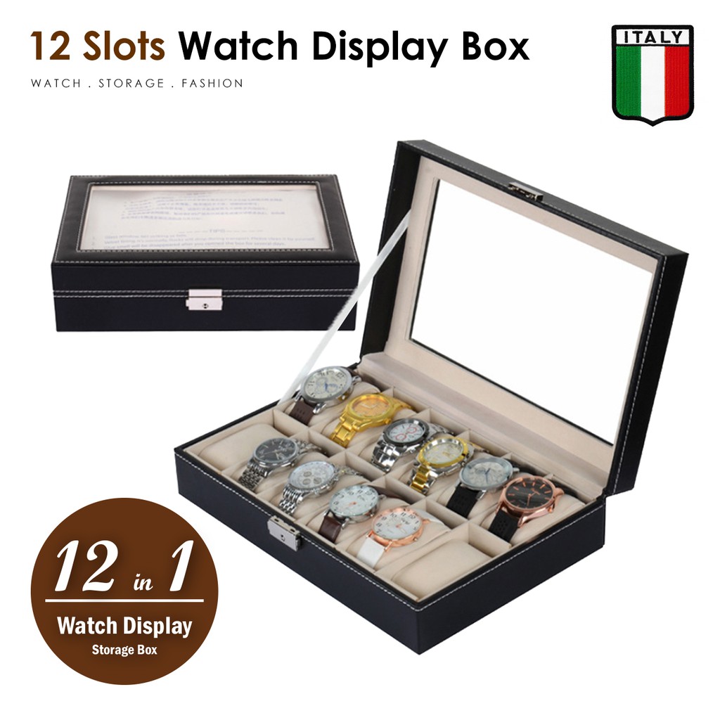 Watch Display Italy Leather 12 Slots Pillow Holder Case Storage Box