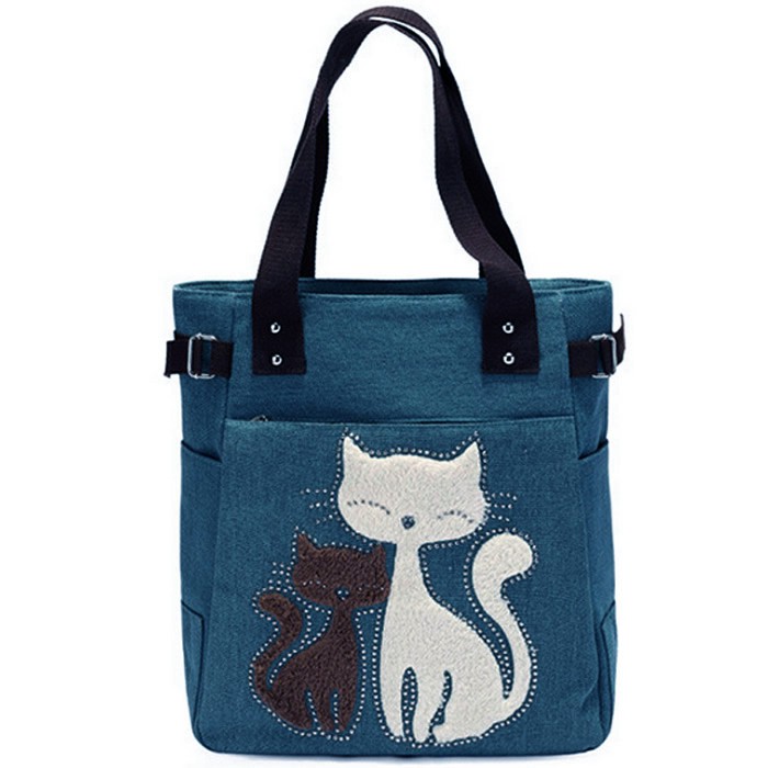 Woman Convenient Durable Canvas Cute Kitty Cat Shoulder Sling Tote Bag