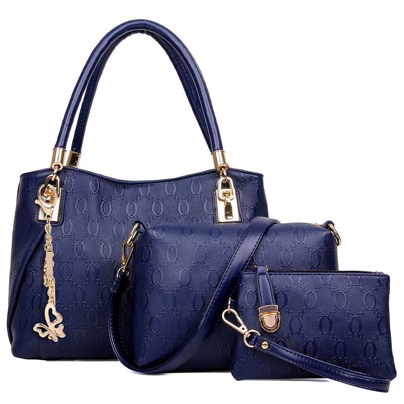 Women 3pcs Tote Bag Pu Leather Handbag Purse Bags Set Blue