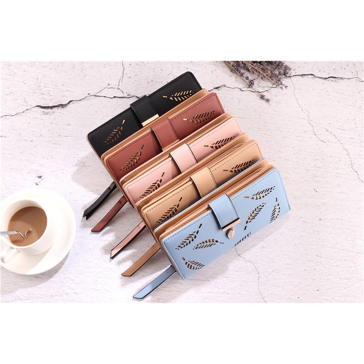 Women Long Floral Hollow Wallet Leather Purse Card Holder