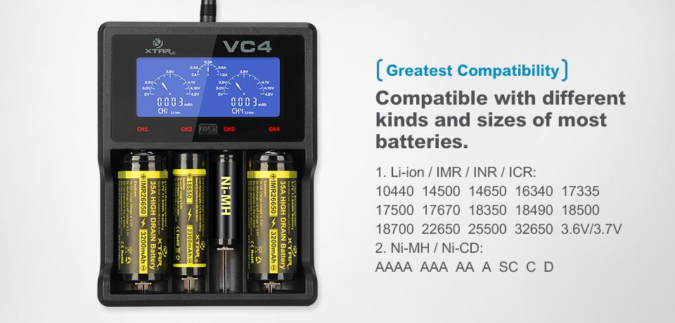 Xtar VC4 Charger for Battery 14500/16340/17670/18350/18650/22650/26650