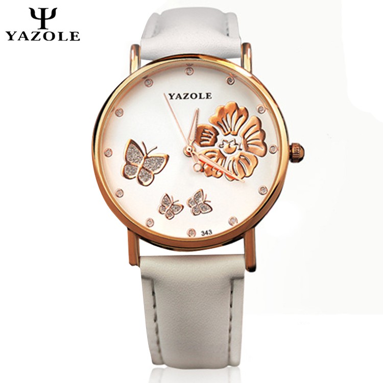YAZOLE Crystal Butterfly Gold Flower Stainless Steel Leather Strap Watch for W