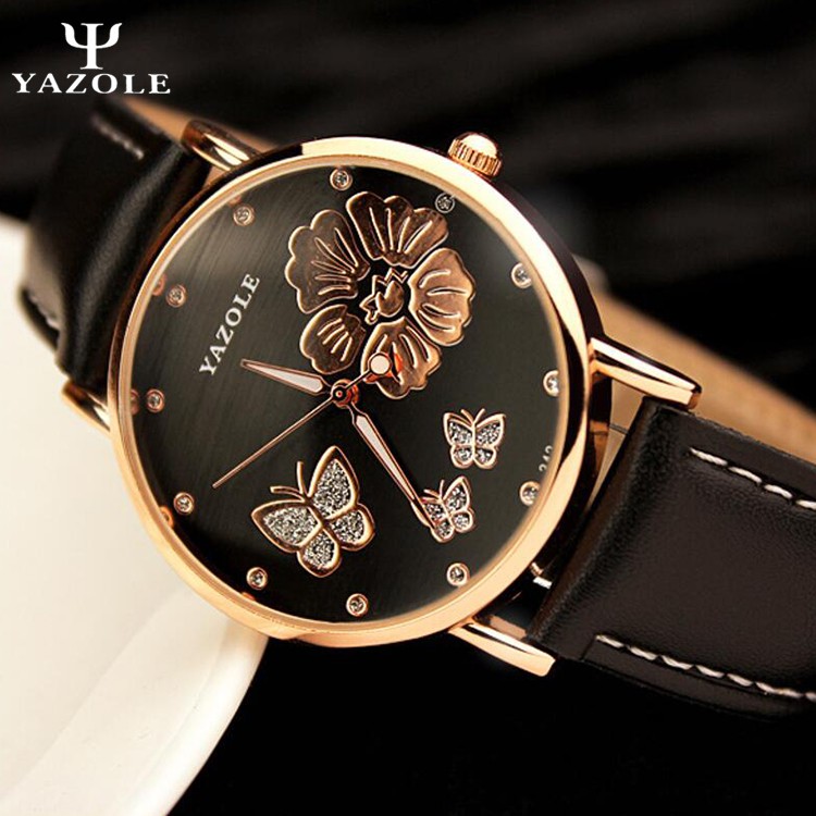 YAZOLE Crystal Butterfly Gold Flower Stainless Steel Leather Strap Watch for W