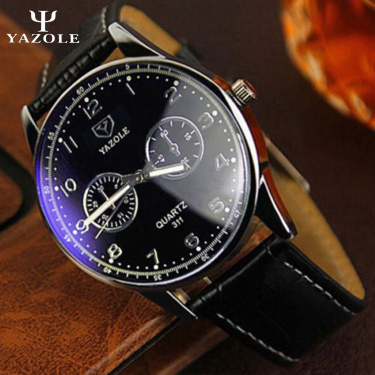 YAZOLE Vintage Leather Band Stainless Steel Business Military Quartz Men's Wri