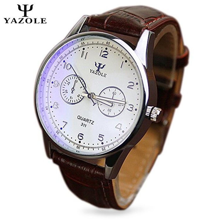YAZOLE Vintage Leather Band Stainless Steel Business Military Quartz Men's Wri