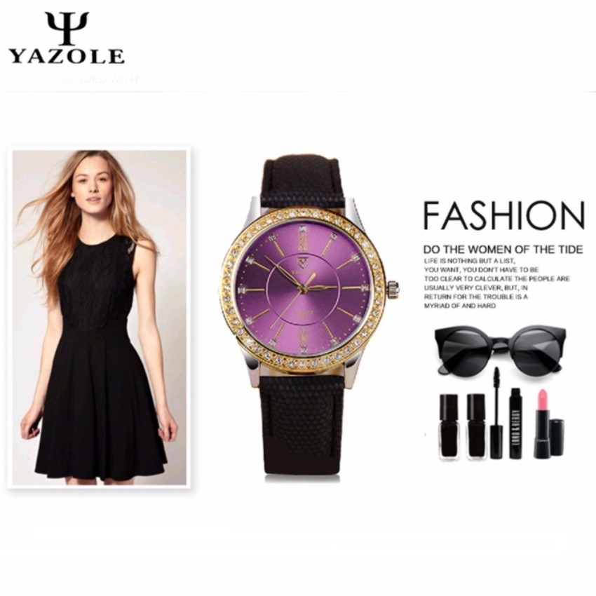 YAZOLE Violet Rhinestones Ladies Fashion Leather Watch For Women (Black)