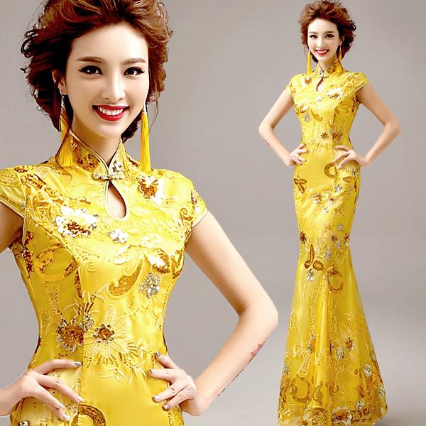 Yellow Bride Cheongsam Wedding Dinne End 10 3 2018 17 Pm Yellow Bride Cheongsam Wedding Dinner Evening Dress 008
