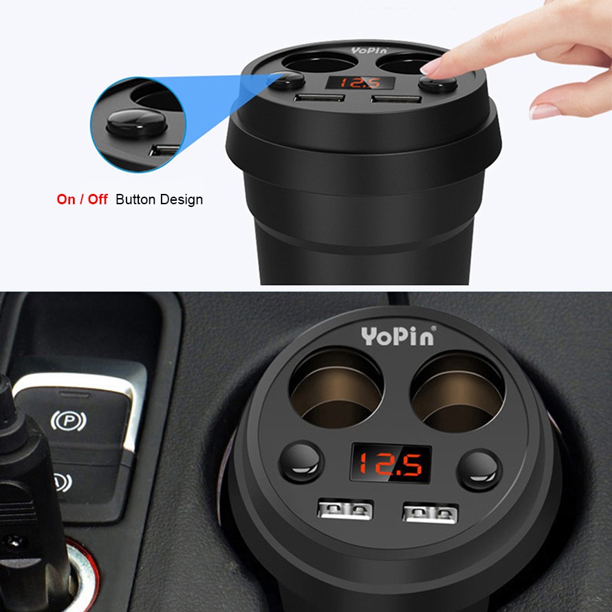 YoPin Fast Charger Car Cigarette Lighter Dual Socket USB Adapter Cup