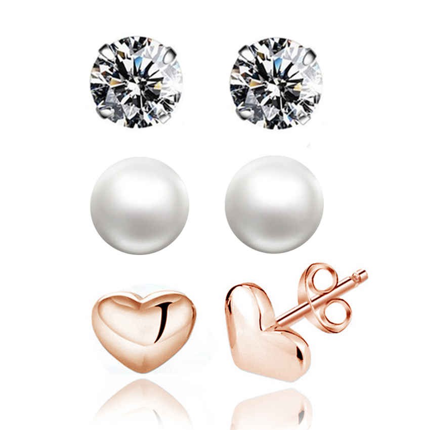 Youniq Basic Cz Pearl 925 Sterling Silver Earrings Set- 3 In 1 Set (Rosegold)