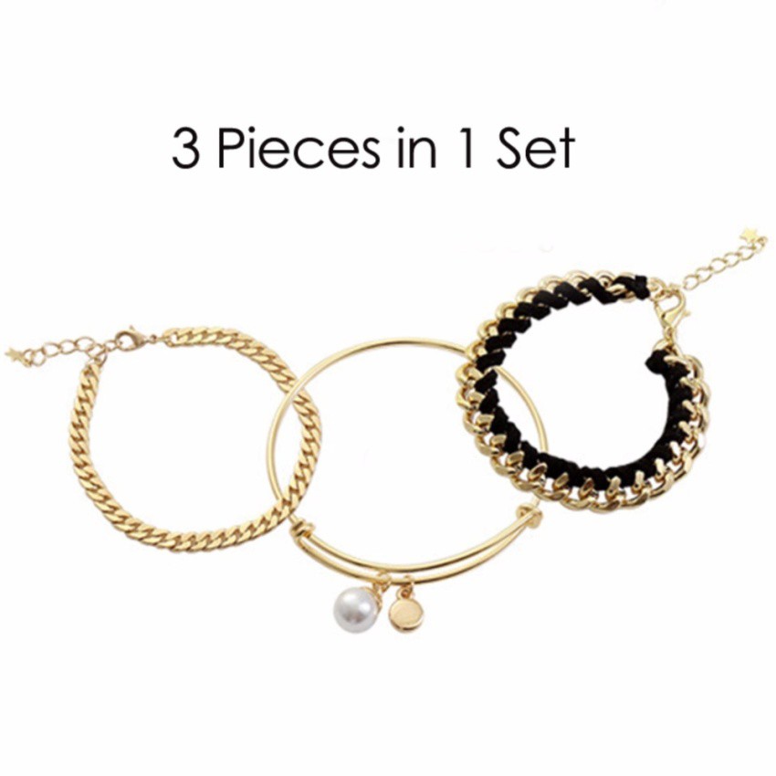 Youniq Basic Korean 3 In 1 Ootd Gold Chain Bracelet And Pearl Bangle Set