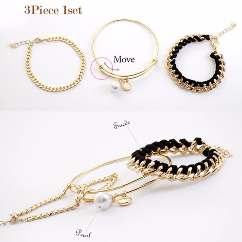 Youniq Basic Korean 3 In 1 Ootd Gold Chain Bracelet And Pearl Bangle Set