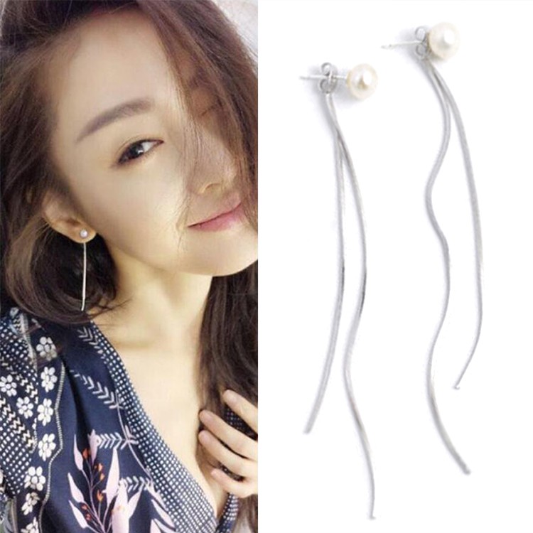 Youniq Basic Korean Pearl Dual Lining Drop Silver Long Earring