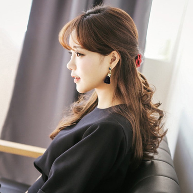 Youniq Basic Korean Ruby Tassel Gold Lining Earring (Black)