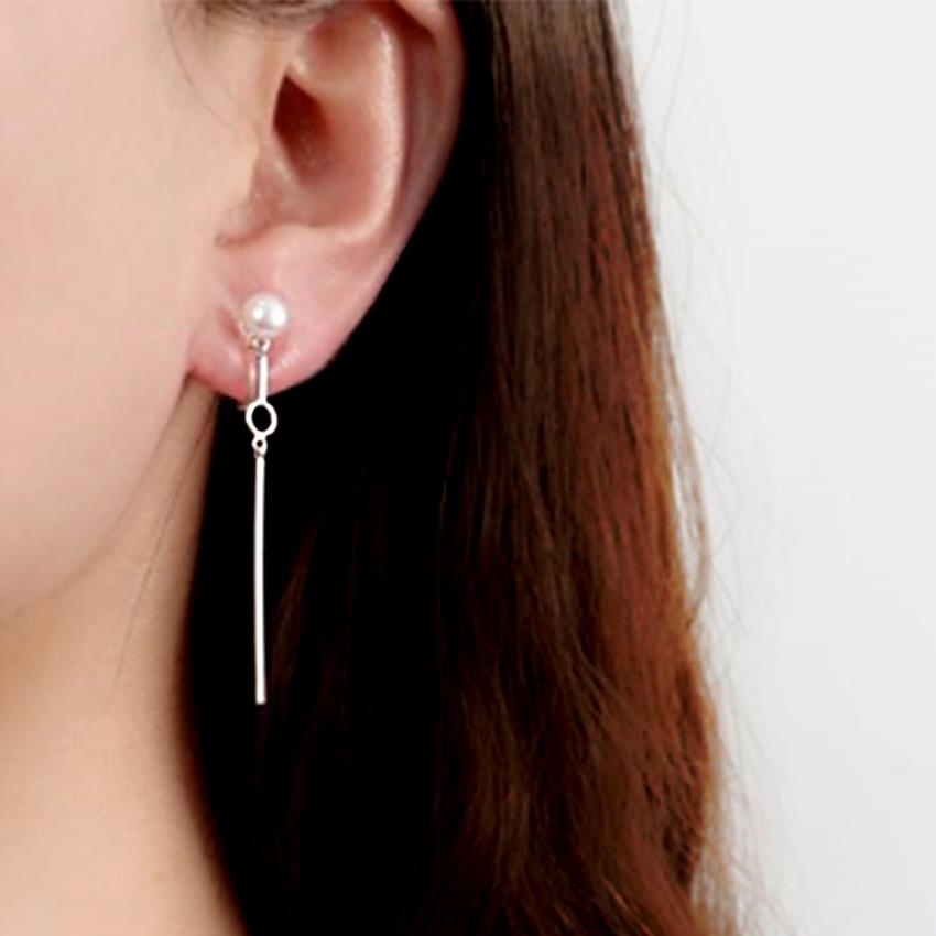 YOUNIQ-Basic Korean Silver Triangle Long Pearl  &amp; CZ AB Earring