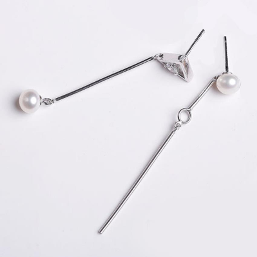 YOUNIQ-Basic Korean Silver Triangle Long Pearl  &amp; CZ AB Earring