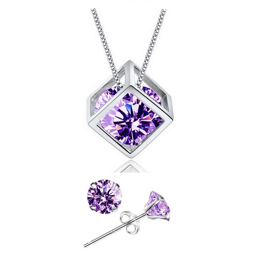 YOUNIQ Cube 925S.S Necklace Pendant with Purple C.Zirconia  &amp; Earrings