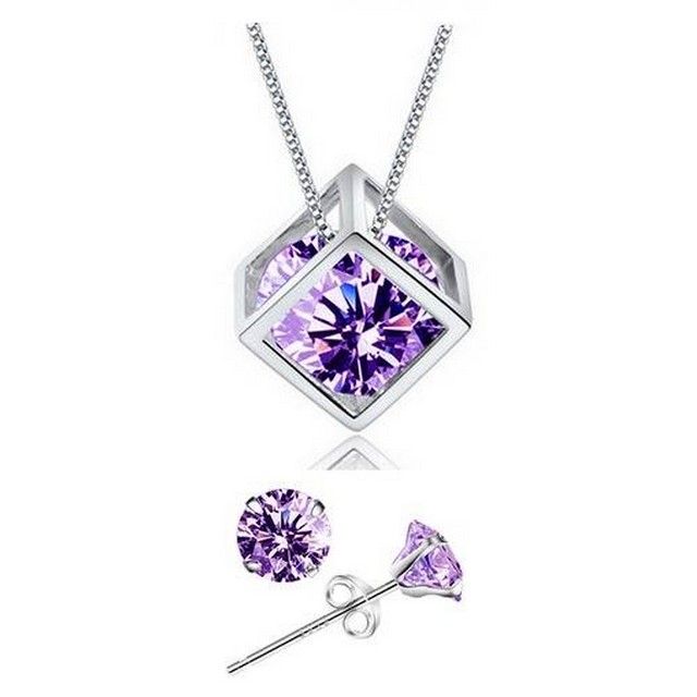 Youniq Cube 925s Silver Pendant With Purple Cz Necklace  &amp; Earrings Set