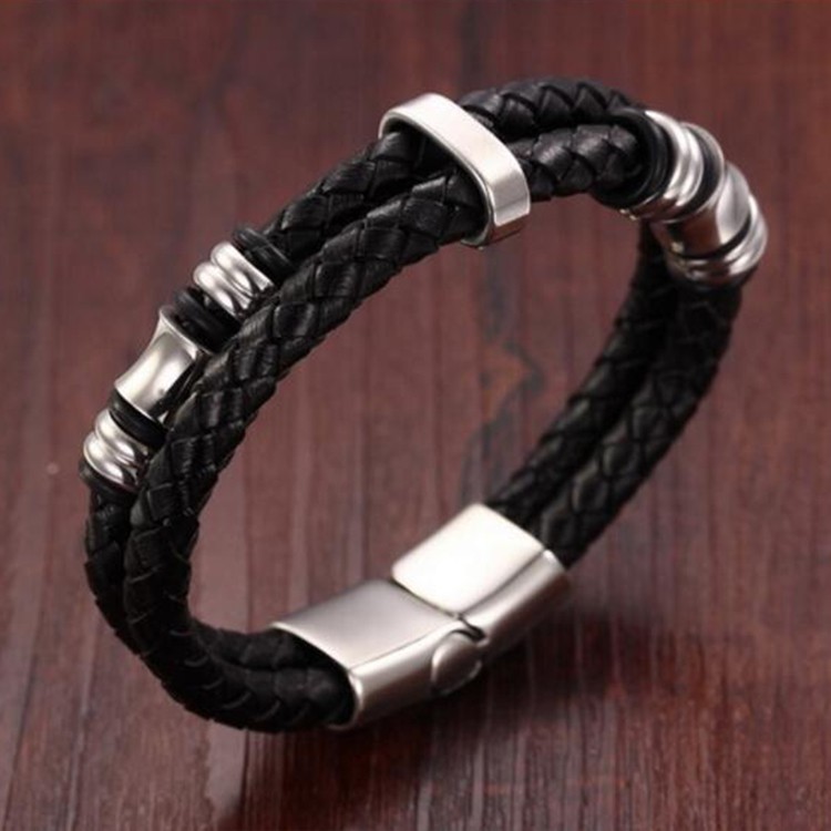 Youniq Duo Titanium Steel Circle Genuine Leather Bracelet Silver For Men