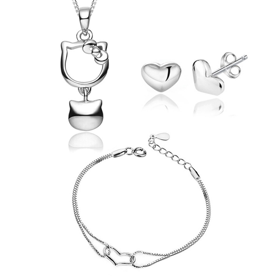 Youniq Kitty Bell 925 Sterling Silver Pendant With Cz  &amp; Earrings Bracelet