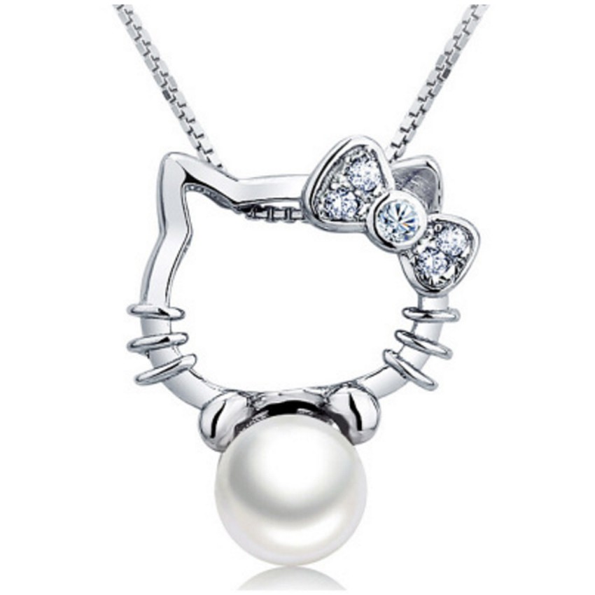 Youniq Kitty Pearl 925 Sterling Silver Necklace Pendant With Cubic Zirconia