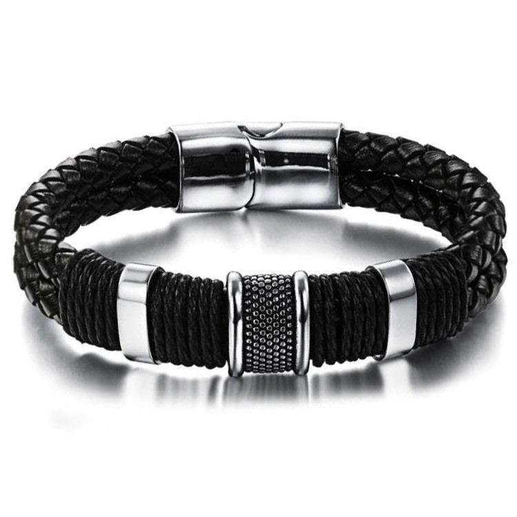 Youniq Titanium Steel Indie Weave Black Genuine Leather Bracelet For Men