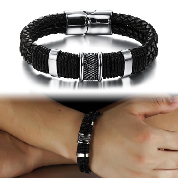 Youniq Titanium Steel Indie Weave Black Genuine Leather Bracelet For Men