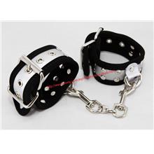 Silver Black Leather Wrist Hand Strap Buckle Lock Bracelet with Chain 