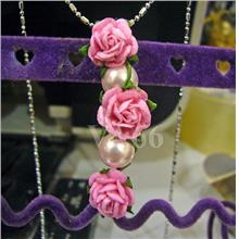 18kgp Bridal 8mm Pearl Pendant Necklace Rose Pink Flowers Swarovski 