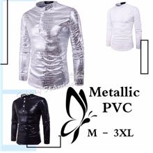 PVC Metallic Men Long Sleeve Biker Wear Fit Shirt-Trend Wet Look Snake