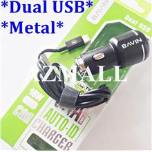 (Metal) BAVIN Dual USB Port Car Charger Adapter Type C Cable (5V/3.4A)